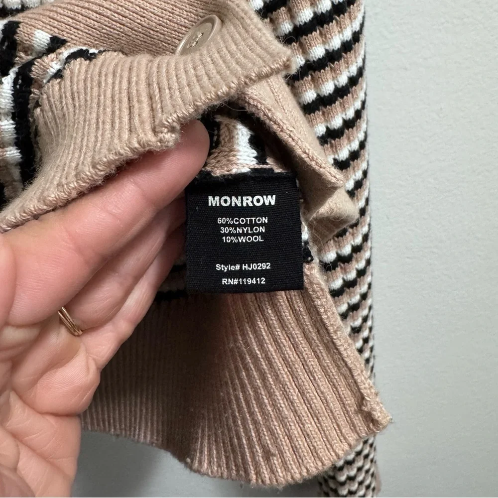 MONROW Wool/Cotton Blend Stripe Cardigan Dusk Winter White Black Stripe X-Small